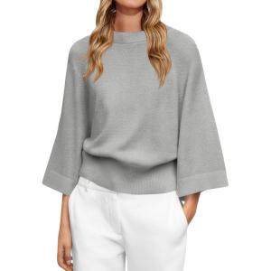 Saodimallsu Womens Crew Neck Batwing Sweaters 3/4 Sleeve Soft Knit Dressy Casual Loose Fit Fall Sweater Tops(Gray)
