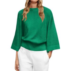 Saodimallsu Womens Crew Neck Batwing Sweaters 3/4 Sleeve Soft Knit Dressy Casual Loose Fit Fall Sweater Tops(Green)