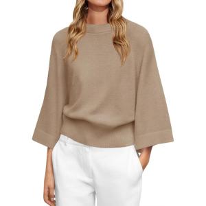 Saodimallsu Womens Crew Neck Batwing Sweaters 3/4 Sleeve Soft Knit Dressy Casual Loose Fit Fall Sweater Tops(Khaki)
