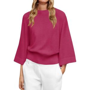Saodimallsu Womens Crew Neck Batwing Sweaters 3/4 Sleeve Soft Knit Dressy Casual Loose Fit Fall Sweater Tops(Rose Red)