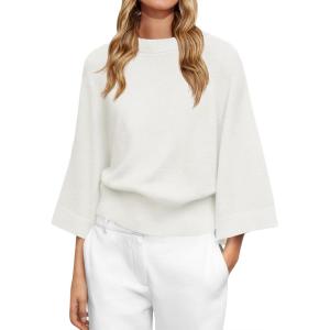Saodimallsu Womens Crew Neck Batwing Sweaters 3/4 Sleeve Soft Knit Dressy Casual Loose Fit Fall Sweater Tops(White)