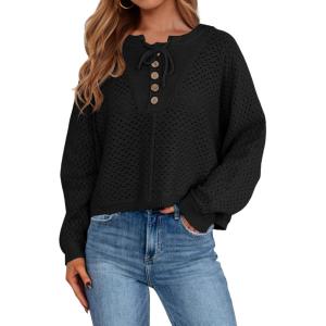 Saodimallsu Womens Crochet Button Sweaters Batwing Long Sleeve Henley Knit Shirts Drawstring Loose Trendy Sweater Tops(Black)