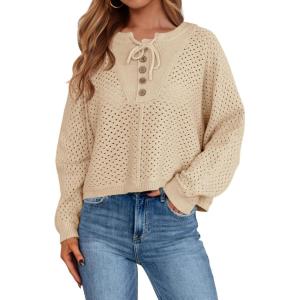Saodimallsu Womens Crochet Button Sweaters Batwing Long Sleeve Henley Knit Shirts Drawstring Loose Trendy Sweater Tops(Khaki)