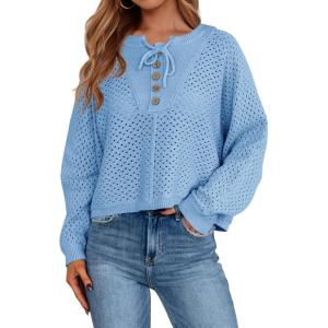 Saodimallsu Womens Crochet Button Sweaters Batwing Long Sleeve Henley Knit Shirts Drawstring Loose Trendy Sweater Tops(Light Blue)