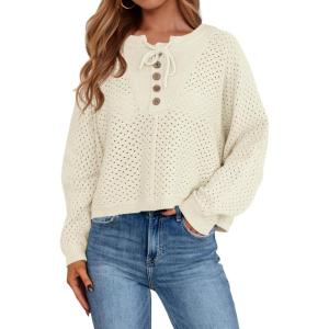 Saodimallsu Womens Crochet Button Sweaters Batwing Long Sleeve Henley Knit Shirts Drawstring Loose Trendy Sweater Tops(White)