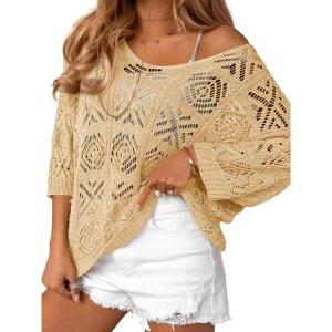 Saodimallsu Womens Crochet Cover Up Top Summer 3/4 Sleeve Off Shoulder Sweater Shirts Mesh Boho Beach Swimsuit Coverup(Beige)