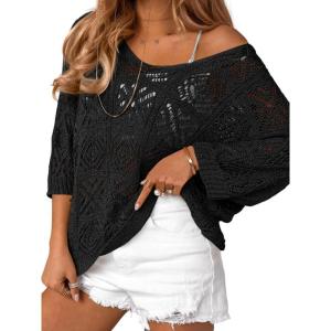 Saodimallsu Womens Crochet Cover Up Top Summer 3/4 Sleeve Off Shoulder Sweater Shirts Mesh Boho Beach Swimsuit Coverup(Black)