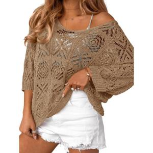 Saodimallsu Womens Crochet Cover Up Top Summer 3/4 Sleeve Off Shoulder Sweater Shirts Mesh Boho Beach Swimsuit Coverup(Camel)