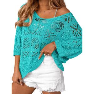 Saodimallsu Womens Crochet Cover Up Top Summer 3/4 Sleeve Off Shoulder Sweater Shirts Mesh Boho Beach Swimsuit Coverup(Green)