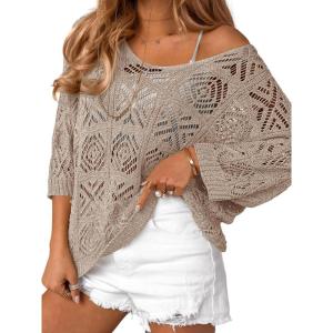 Saodimallsu Womens Crochet Cover Up Top Summer 3/4 Sleeve Off Shoulder Sweater Shirts Mesh Boho Beach Swimsuit Coverup(Khaki)