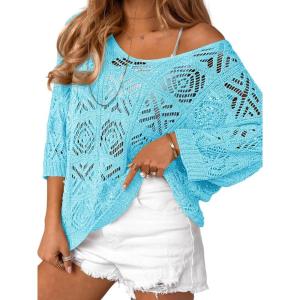 Saodimallsu Womens Crochet Cover Up Top Summer 3/4 Sleeve Off Shoulder Sweater Shirts Mesh Boho Beach Swimsuit Coverup(Light Blue)