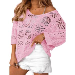 Saodimallsu Womens Crochet Cover Up Top Summer 3/4 Sleeve Off Shoulder Sweater Shirts Mesh Boho Beach Swimsuit Coverup(Light Pink)