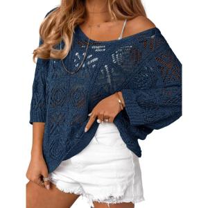 Saodimallsu Womens Crochet Cover Up Top Summer 3/4 Sleeve Off Shoulder Sweater Shirts Mesh Boho Beach Swimsuit Coverup(Navy)