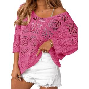 Saodimallsu Womens Crochet Cover Up Top Summer 3/4 Sleeve Off Shoulder Sweater Shirts Mesh Boho Beach Swimsuit Coverup(Pink)