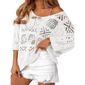 Saodimallsu Womens Crochet Cover Up Top Summer 3/4 Sleeve Off Shoulder Sweater Shirts Mesh Boho Beach Swimsuit Coverup(White)