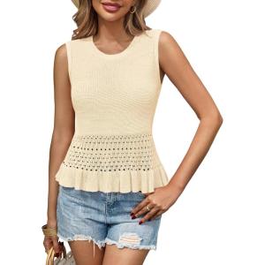 Saodimallsu Womens Crochet Crop Tank Tops Sleeveless Crew Neck Ruffle Summer Boho Knit Sweater Vest(Apricot)