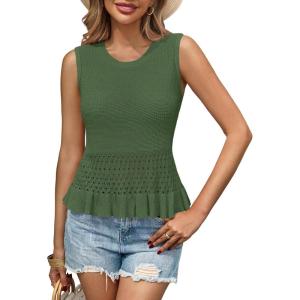 Saodimallsu Womens Crochet Crop Tank Tops Sleeveless Crew Neck Ruffle Summer Boho Knit Sweater Vest(Army Green)