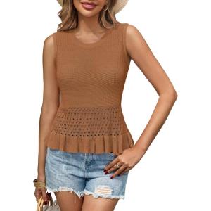Saodimallsu Womens Crochet Crop Tank Tops Sleeveless Crew Neck Ruffle Summer Boho Knit Sweater Vest(Brown)