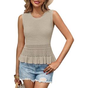 Saodimallsu Womens Crochet Crop Tank Tops Sleeveless Crew Neck Ruffle Summer Boho Knit Sweater Vest(Khaki)