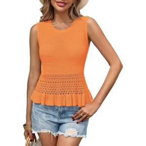 Saodimallsu Womens Crochet Crop Tank Tops Sleeveless Crew Neck Ruffle Summer Boho Knit Sweater Vest(Orange)