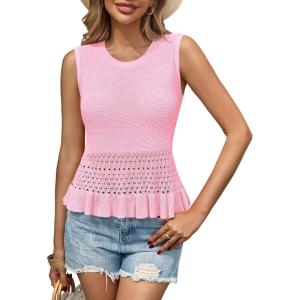 Saodimallsu Womens Crochet Crop Tank Tops Sleeveless Crew Neck Ruffle Summer Boho Knit Sweater Vest(Pink)