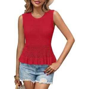 Saodimallsu Womens Crochet Crop Tank Tops Sleeveless Crew Neck Ruffle Summer Boho Knit Sweater Vest(Red)