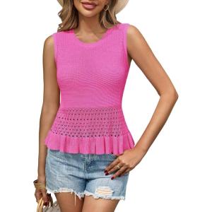 Saodimallsu Womens Crochet Crop Tank Tops Sleeveless Crew Neck Ruffle Summer Boho Knit Sweater Vest(Rose Red)