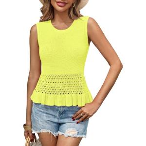 Saodimallsu Womens Crochet Crop Tank Tops Sleeveless Crew Neck Ruffle Summer Boho Knit Sweater Vest(Yellow)