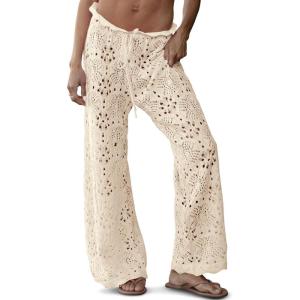 Saodimallsu Womens Crochet Swimsuit Coverup Pants High Waisted Drawstring Sexy Sheer Mesh Knit Wide Leg Beach Pants(Beige)