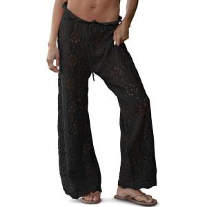 Saodimallsu Womens Crochet Swimsuit Coverup Pants High Waisted Drawstring Sexy Sheer Mesh Knit Wide Leg Beach Pants(Black)