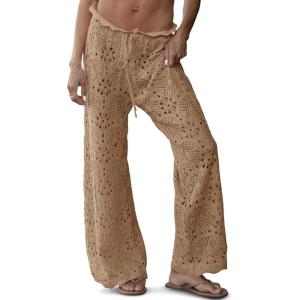 Saodimallsu Womens Crochet Swimsuit Coverup Pants High Waisted Drawstring Sexy Sheer Mesh Knit Wide Leg Beach Pants(Khaki)