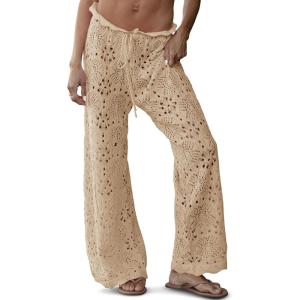 Saodimallsu Womens Crochet Swimsuit Coverup Pants High Waisted Drawstring Sexy Sheer Mesh Knit Wide Leg Beach Pants(Light Khaki)