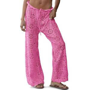 Saodimallsu Womens Crochet Swimsuit Coverup Pants High Waisted Drawstring Sexy Sheer Mesh Knit Wide Leg Beach Pants(Pink)