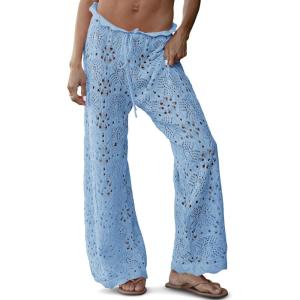Saodimallsu Womens Crochet Swimsuit Coverup Pants High Waisted Drawstring Sexy Sheer Mesh Knit Wide Leg Beach Pants(Sky Blue)