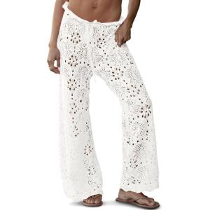 Saodimallsu Womens Crochet Swimsuit Coverup Pants High Waisted Drawstring Sexy Sheer Mesh Knit Wide Leg Beach Pants(White)