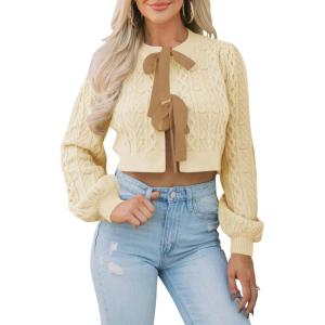 Saodimallsu Womens Cropped Cable Knit Cardigan Sweaters Long Sleeve Bow Tie Front Crew Neck Chunky Sweater Tops(Beige)