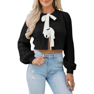 Saodimallsu Womens Cropped Cable Knit Cardigan Sweaters Long Sleeve Bow Tie Front Crew Neck Chunky Sweater Tops(Black)