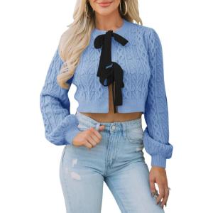 Saodimallsu Womens Cropped Cable Knit Cardigan Sweaters Long Sleeve Bow Tie Front Crew Neck Chunky Sweater Tops(Blue)