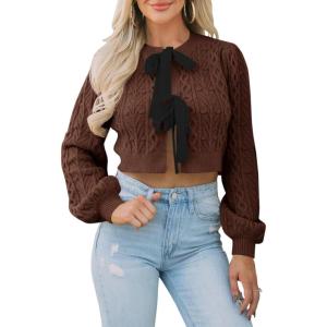 Saodimallsu Womens Cropped Cable Knit Cardigan Sweaters Long Sleeve Bow Tie Front Crew Neck Chunky Sweater Tops(Brown)