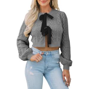 Saodimallsu Womens Cropped Cable Knit Cardigan Sweaters Long Sleeve Bow Tie Front Crew Neck Chunky Sweater Tops(Grey)
