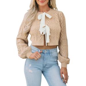 Saodimallsu Womens Cropped Cable Knit Cardigan Sweaters Long Sleeve Bow Tie Front Crew Neck Chunky Sweater Tops(Khaki)