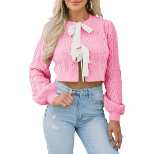 Saodimallsu Womens Cropped Cable Knit Cardigan Sweaters Long Sleeve Bow Tie Front Crew Neck Chunky Sweater Tops(Pink)