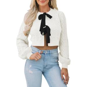 Saodimallsu Womens Cropped Cable Knit Cardigan Sweaters Long Sleeve Bow Tie Front Crew Neck Chunky Sweater Tops(White)
