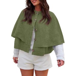 Saodimallsu Womens Cropped Cape Cardigan Button Up Crew Neck Jacket Shawl Fall Trendy Knit Sweater(Army Green)
