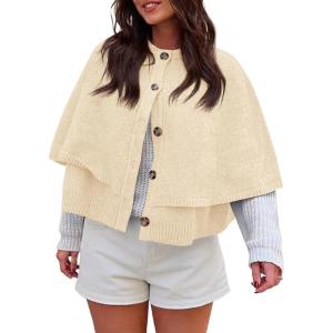 Saodimallsu Womens Cropped Cape Cardigan Button Up Crew Neck Jacket Shawl Fall Trendy Knit Sweater(Beige)