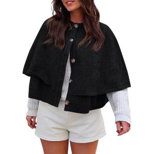 Saodimallsu Womens Cropped Cape Cardigan Button Up Crew Neck Jacket Shawl Fall Trendy Knit Sweater(Black)