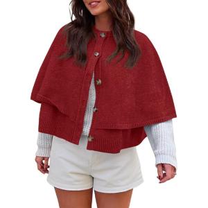 Saodimallsu Womens Cropped Cape Cardigan Button Up Crew Neck Jacket Shawl Fall Trendy Knit Sweater(Burgundy)