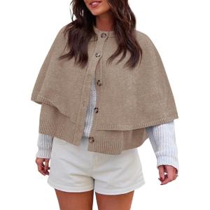 Saodimallsu Womens Cropped Cape Cardigan Button Up Crew Neck Jacket Shawl Fall Trendy Knit Sweater(Khaki)