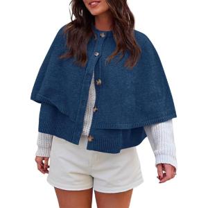Saodimallsu Womens Cropped Cape Cardigan Button Up Crew Neck Jacket Shawl Fall Trendy Knit Sweater(Navy)