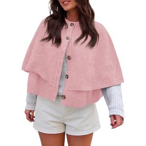 Saodimallsu Womens Cropped Cape Cardigan Button Up Crew Neck Jacket Shawl Fall Trendy Knit Sweater(Pink)